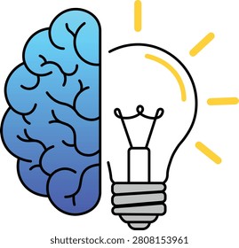 Brain and lightbulb symbolizing innovation and ideas, blue and yellow