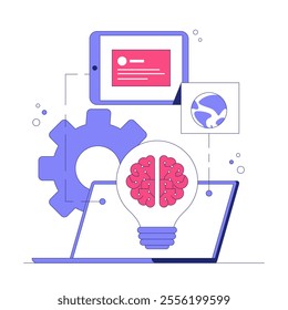 Brain In A Lightbulb With Tablet And Gear In Flat Vector Illustration Symbolizing Innovation, Problem Solving, And Technology, Isolated On White Background