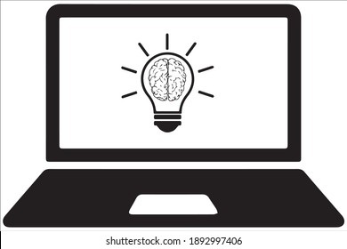 Brain in lightbulb vector illustration, Computer in Energy Saving Mode, Environmentally Friendly Technology. Business, Company Advertisement, Ad on Website. Incandescent lamp on Computer Screen.