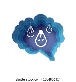 Brain and lightlamps. Light bulb in paper craft style. Origami Electric bulb for creativity, startup, brainstorming, business. Brain shape blue frame. Idea. Vector.