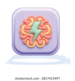 Brain and Lightning Bolt 3D App Icon for Brainpower, Mindset, and Mental Energy