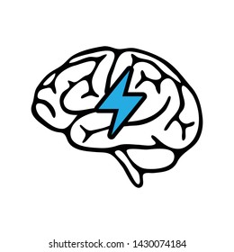 Brain with lightning bolt icon. bolt brain logo. brainstorming illustration.