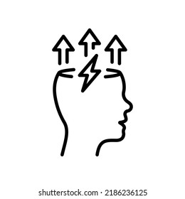 Symbol für die Brustlinie des Gehirns und des Blitzes. Stress, kreativer Geist, lineare Kopfschmerzen Piktogramm. Kreativitätsdenken, intelligentes Brainstorm-Leitbild. Geisteskraft. Bearbeitbarer Stroke. Einzelne Vektorgrafik.