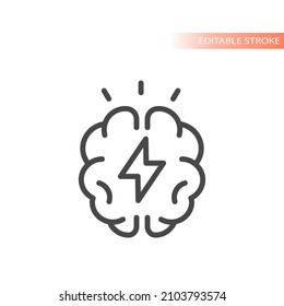 Brain and lightning bolt outlined icon. Brainstorm or brainstorming vector symbol.