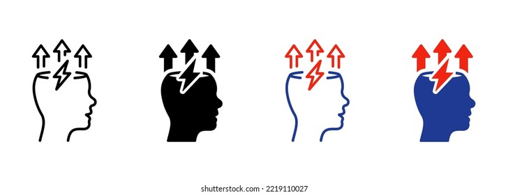 Brain and Lightning Bolt Silhouette and Line Icon. Stress, Creative Mind, Headache Pictogram. Creativity Think, Smart Brainstorm Icon. Mental Power. Editable Stroke. Isolated Vector Illustration.