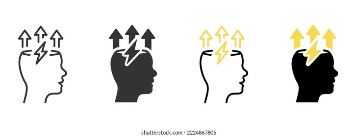 Brain and Lightning Bolt Silhouette and Line Icon. Stress, Creative Mind, Headache Pictogram. Creativity Think, Smart Brainstorm Icon. Mental Power. Editable Stroke. Isolated Vector Illustration.