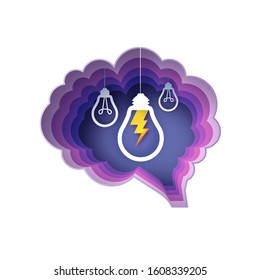 Brain and lightning lamps. Light bulb in paper craft style. Origami Electric bulb for creativity, startup, brainstorming, business. Circle purple layered frame.
