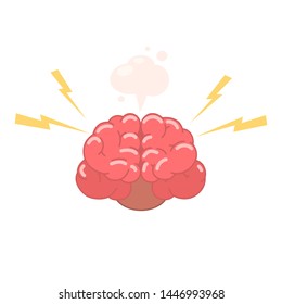 Brain with lightning and smoke. Concept of mental stress, brainstorming. Stress at work. Intense brain activity. Vector illustration isolated on white background.