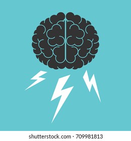 Brain and lightnings. Brainstorming, creativity, intelligence and thinking concept. Flat design. EPS 8 vector illustration, no transparency, no gradients