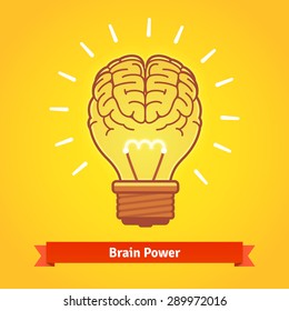 Brain lights up with powerful idea like a bulb. Brain power concept. Flat style vector icon.