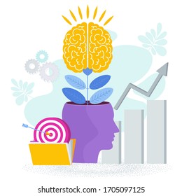 Brain is like a tree growing in a human head. The development of thinking, knowledge, analytical skills. Outstanding mind, creative ideas, innovative solutions. Business success Metaphor.