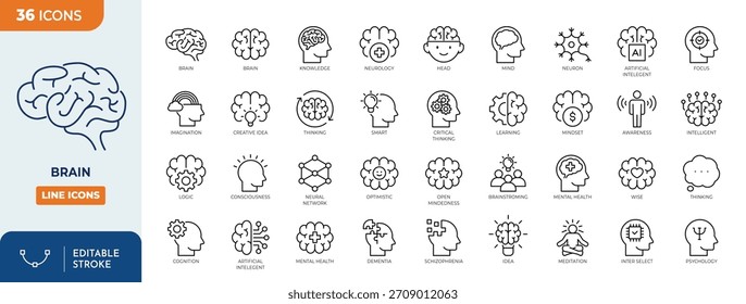 Bearbeitbarer Symbolsatz für die Gehirnzeile. Mit Verstand, Gehirn, Denken, geistiger Gesundheit, Intelligenz, Intelligenz, Kognition und mehr. Bearbeitbarer Strich. Vektorgrafik