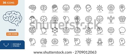 Brain line editable icon set. Containing mind, brain, thinking, mental health, intelligence, smart, cognition, and more. Editable stroke. Vector illustration
