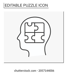  Brain line icon. Mental health. Development of logical thinking. Puzzle concept. Isolated vector illustration. Editable stroke