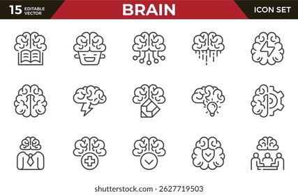 Conjunto de iconos de línea cerebral. Mente, pensamiento, mente y pensamientos de una persona. Colección de icono de esquema. Pictograma e infografía. Trazo editable.