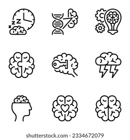 brain line icons set. intelligent, mind, signs, invention, anatomy, brainstorm, dna, puzzle, mindset, brilliant, genetic, imagination, intelligence