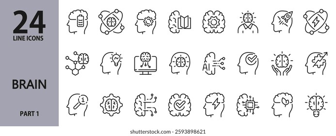 Brain line icons set with Mind, AI, Intelligence, Head, Thinking, Brainstorming, Creative and more. Editable Stroke