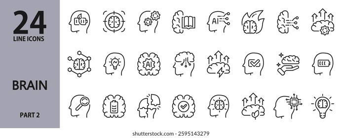 Brain line icons set with Mind, Brain, AI Intelligence, Head, Thinking, Brainstorming, Creative and more. Editable Stroke