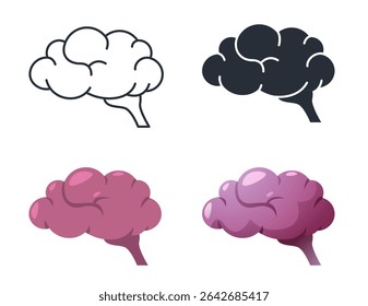 Brain line silhouette icon. Outline human head with creative thinking symbols, black gradient and flat concept of imagination and intelligence. Vector human brain isolated set.