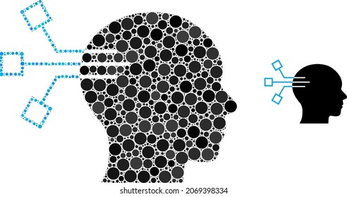 Brain link vector mosaic of round dots in variable sizes and color tinges. Round dots are organized into brain link vector illustration. Abstract vector illustration.