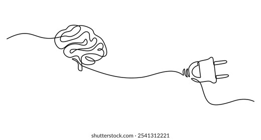 Cérebro ligado a um plugue elétrico em um desenho contínuo de uma linha. Conceito centrado na educação e na inovação. Ilustração minimalista desenhada à mão.