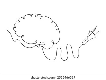 Brain linked to an electrical plug in a continuous one line drawing. Concept focusing on education and innovation. Hand-drawn minimalist illustration.