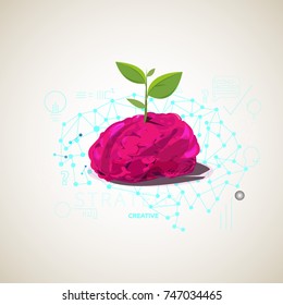 brain with little sapling with creative icon doodle style. creative brain create green and friendly environment technology. green world concept - vector illustration