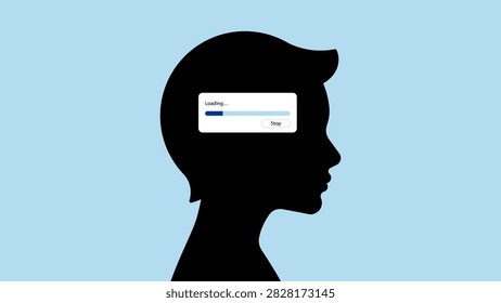 Brain loading. Toddler silhouette with progress bar representing thinking, mental processing and cognitive delay. Simple vector illustration