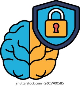A brain with a lock on it. The lock is on the right side of the brain. The brain is blue and yellow