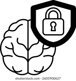 A brain with a lock on it. The lock is on the right side of the brain. The brain is surrounded by a shield