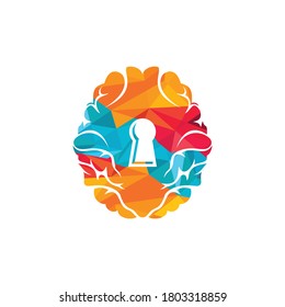 Brain lock vector logo design. Brain logo lock key neuron security network.