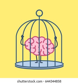 Brain locked in cage. Vector concept illustration of captive and imprisoned mind | flat design linear infographic icon on yellow background