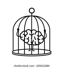 Brain locked in cage. Vector concept illustration of captive and imprisoned mind | flat design linear infographic icon black on white background