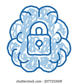 Brain And Locked Padlock sketch icon vector. Hand drawn blue doodle line art Brain And Locked Padlock sign. isolated symbol illustration