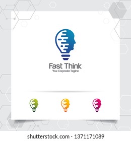Brain logo bulb design concept of head vector and lamp icon. Smart idea logo used for studio and professional.