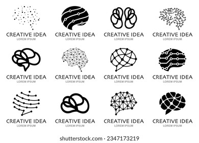 Brain logo collection. Set of creative idea logo with brain icon. Brainstorm, brain logo, idea mind collection