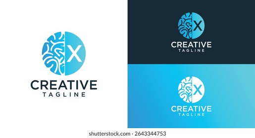 Brain Logo, combination of brain and initial letter X, flat design logo template, vector illustration