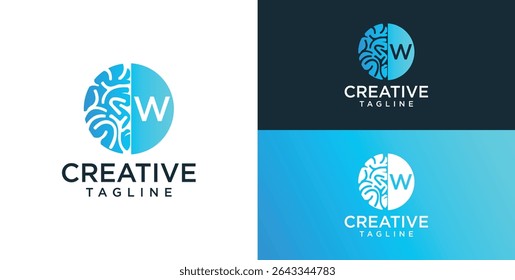 Brain Logo, combination of brain and initial letter W, flat design logo template, vector illustration