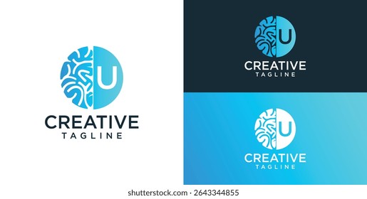 Brain Logo, combination of brain and initial letter U, flat design logo template, vector illustration