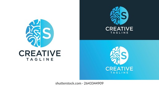 Brain Logo, combination of brain and initial letter S, flat design logo template, vector illustration