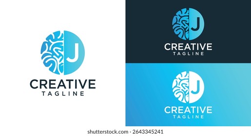 Brain Logo, combination of brain and initial letter J, flat design logo template, vector illustration