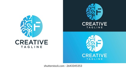 Brain Logo, combination of brain and initial letter F, flat design logo template, vector illustration