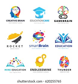 Brain logo and Creative learning icon set. Vector illustrations 