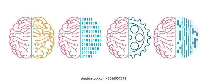 Brain logo design set. Human brain gear digital circuit ai integration icons isolated vector illustration