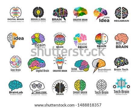 Brain logo. Genius and technology smart mind business concept identity vector colored symbols