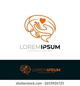 Logotipo del cerebro con la Plantilla del diseño del cuidado de la mano, diseño del estilo de la línea