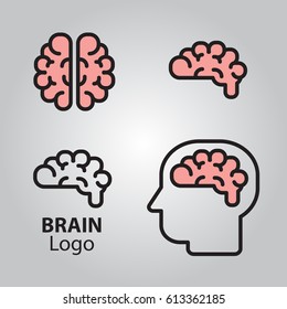 Brain Logo head silhouette badges view design vector template. Brainstorm think idea Logotype concept icon.