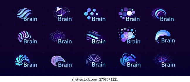 Icono de logotipo cerebral Símbolo de transformación digital inteligente Inteligencia artificial Inteligencia artificial Computadora Tecnología de investigación de Ciencia neuronal. Abstractas Creativo Futuro Cerebros Set Logos Color púrpura. Ilustración vectorial