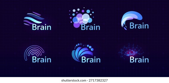 Icono de logotipo cerebral Símbolo de transformación digital inteligente Inteligencia artificial Inteligencia artificial Computadora Tecnología de investigación de Ciencia neuronal. Abstractas Creativo Futuro Cerebros Set Logos Color púrpura. Ilustración vectorial