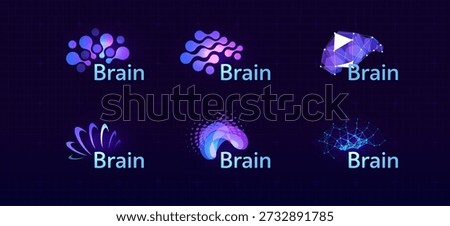 Brain Logo Icon Smart Digital Transformation Symbol AI Artificial Intelligence Computer Neural Science Research Technology. Abstract Creative Future Brains Set Logos Purple Color. Vector Illustration